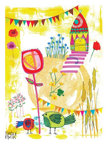 nach Hause gehen, fröhliche bunte Kunst mit Vögeln und Blumen