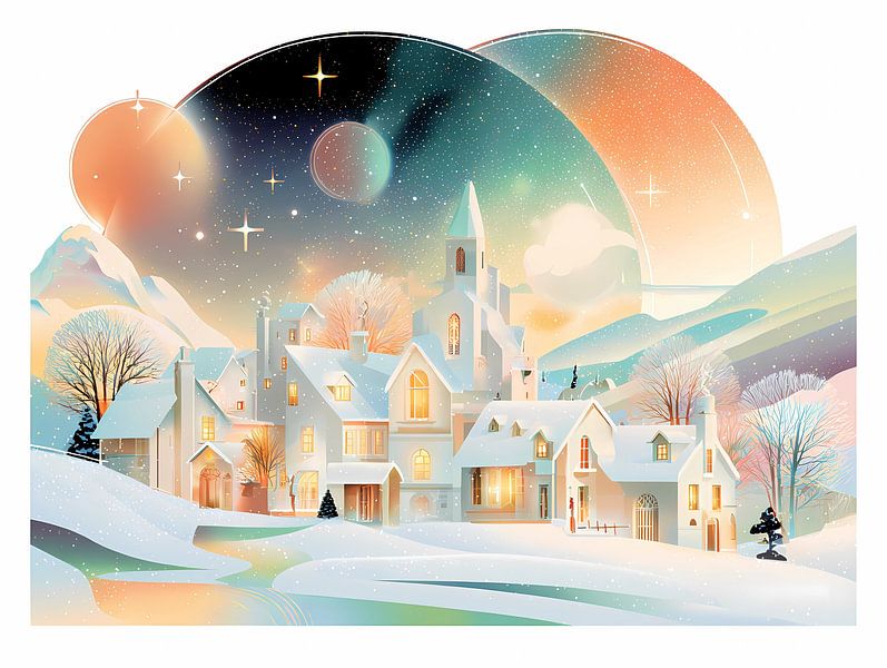 Retro gestileerd winterlandschap, gezellig dorp van Ariadna de Raadt-Goldberg