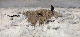 Flock of sheep with shepherd in the snow, Anton Mauve