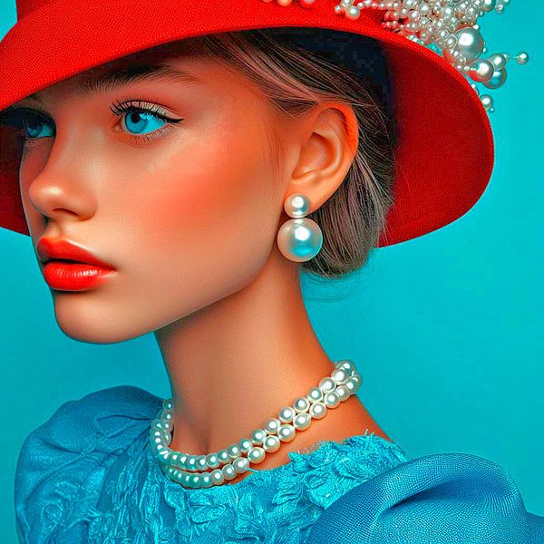 Girl with the red hat em pearls. by Ineke de Rijk