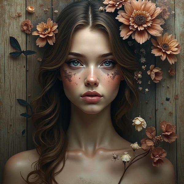 Rustieke Bloemendroom – Jonge Vrouw in Aardse Tinten met Houten Achtergrond van Kleurenrijk