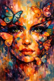 Abstract vrouwelijk portret met vlinders en kleurrijke verfspatten van Jelena Jovanovic Fine Art