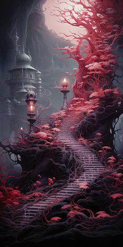 Digitaal gecreëerde tropische fantasie en surrealistisch landschap