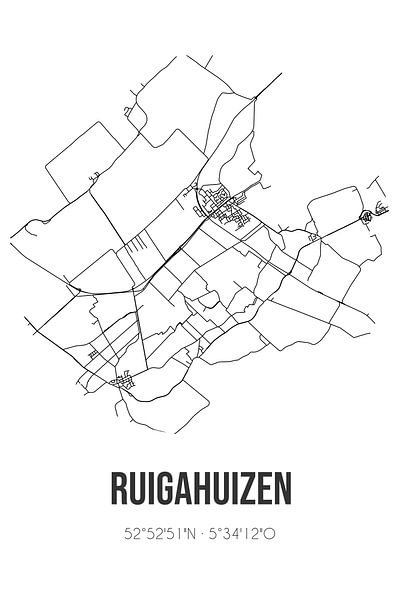 Ruigahuizen (Fryslan) | Map | Black and white by Prints of Place