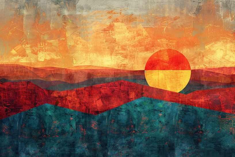 Digital art of colourful sunset with mountains by Art & Soul Creations