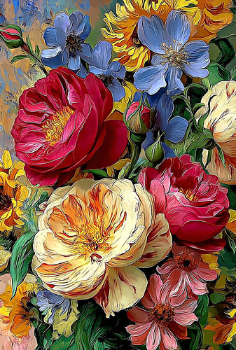 Peonies and Blue Blossoms
