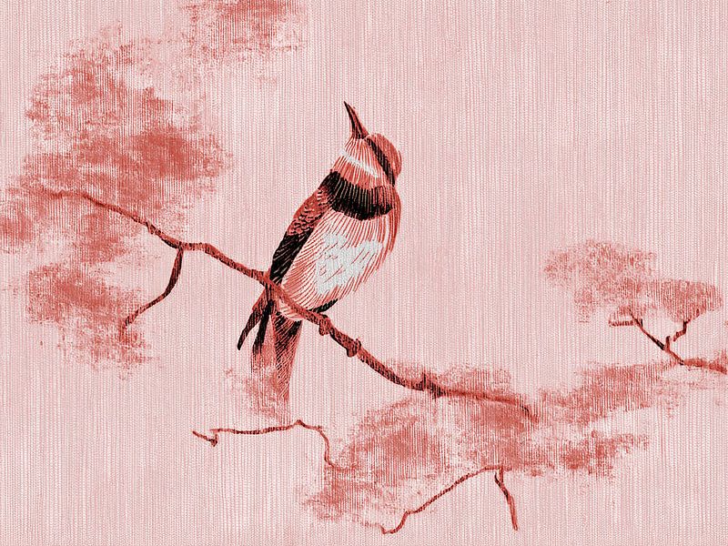 Elegant Japanese bird on branch in Sumi-e Style - Coral red by Studio Pieternel