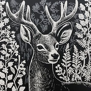 Impression lino noir et blanc de cerfs