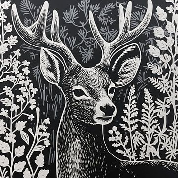 Deer black and white lino print by Bianca ter Riet