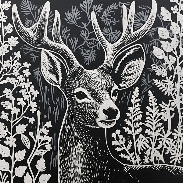 Deer Skull And Flowers Linocut Print