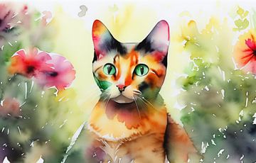 Rode kat in een bloemrijke tuin