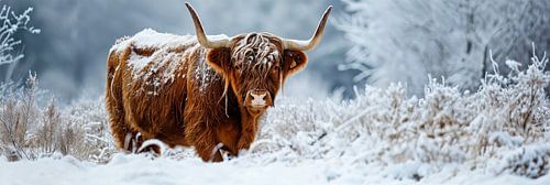 Panorama schotse hooglander in de sneeuw van Digitale Schilderijen
