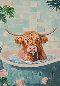 Highland Cow beim Baden