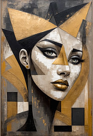 Golden Avant-garde — Cubist portrait of a woman in black and gold by Rowelki_Art