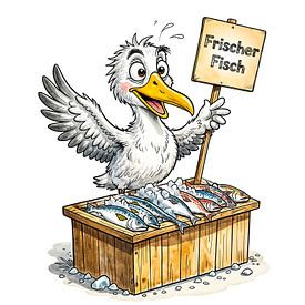 Een zeemeeuw bij een kraam met verse vis aan de kust van ArtMomente