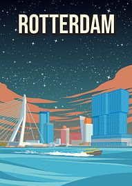 Rotterdam Night Cityscape Travel Poster - Vintage Advertising Style by Jorn van Hezik