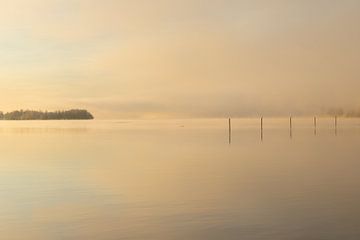 nebliger Sonnenaufgang über dem Wasser mit reflektierenden Pfählen und Pastellfarben von Kim Willems