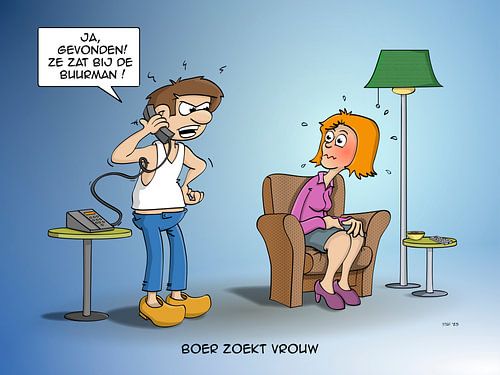 Cartoon; Boer zoekt vrouw, bij. de buurman
