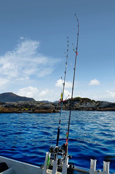 Fishing rod in front of the West Cape in the Norwegian fjord landscape. Scandinavia by Martin Köbsch