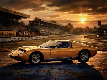 Goldenes Lamborghini Miura Sonnenuntergang Gemälde