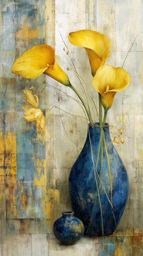 Yellow Callas in a Blue Vase –  Summer Splendour by Joriali Fine Art
