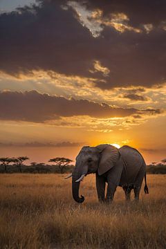 Éléphant majestueux au coucher du soleil en Afrique sur Art & Soul Creations