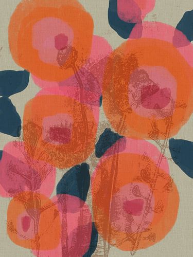 Kleurrijke botanische kunst in roze, oranje, wit en blauw. Monotypes weidebloemen.