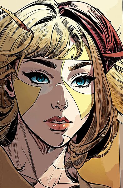 Comic style protret woman in gold yellow and red accents by Emiel de Lange
