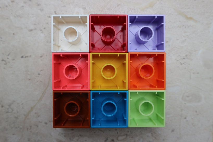 Nine (9) square toy blocks lying upside down colourful (rotation 3) by hou2use