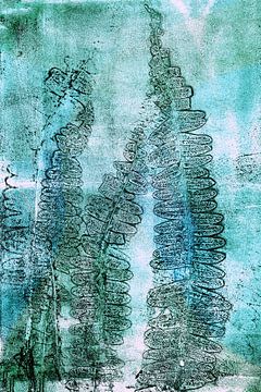 Abstract Botanisch. Varens in groen, blauw en donkerbruin. van Dina Dankers