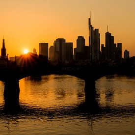 Frankfurt am Main - silhouet van de skyline in de zonsondergang van Frank Herrmann