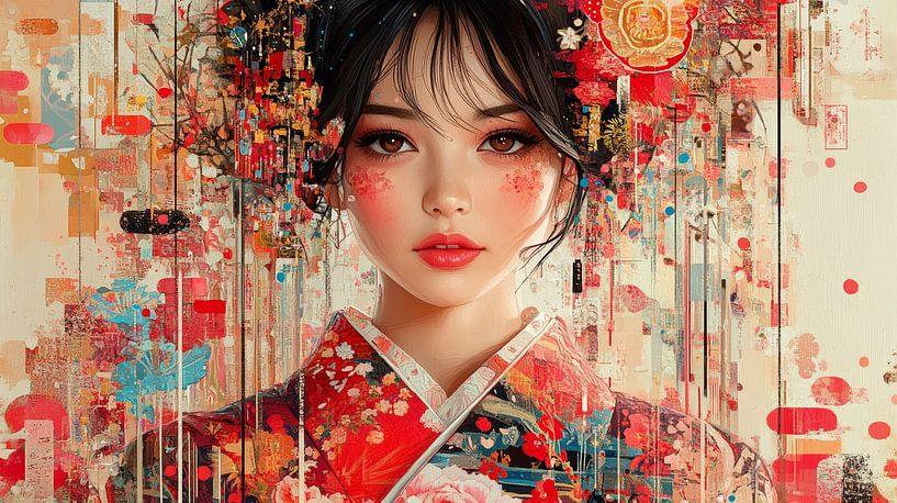 Japanse vrouw in rode kimono van Lufy