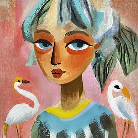 Dromer en de witte Vogels; kleurrijk schilderij, naïeve kunst meisje met twee vogels van Bianca ter Riet