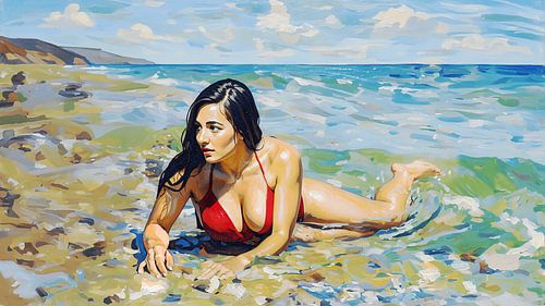 'Castaway': a woman in survival mode, checking to see if the coast is clear by Dirk van der Ven