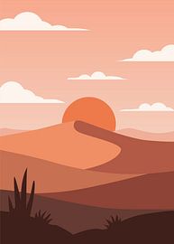 Minimalist boho desert landscape with dunes, sunset, and cactus silhouette in warm tones. by Adam Khabibi