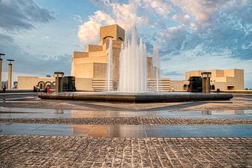 Museum of Islamic Art , Doha, Qatar in daylight exterior view with fountain in the foreground by Mohamed Abdelrazek