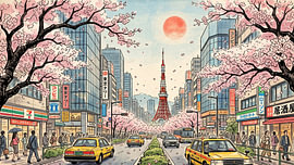 Die Tokyo Blossom Avenue unter der aufgehenden Sonne von my pixel art