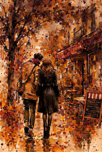 Romantischer Herbstspaziergang in der Stadt bei einem französischen Bistro-Café