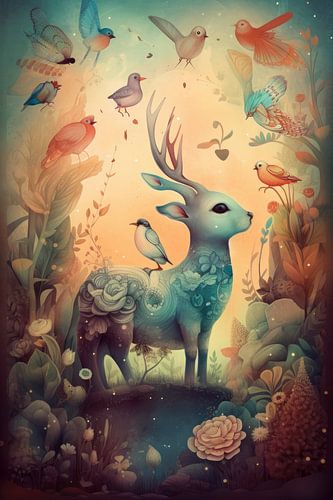 Hert met vogel als illustratie