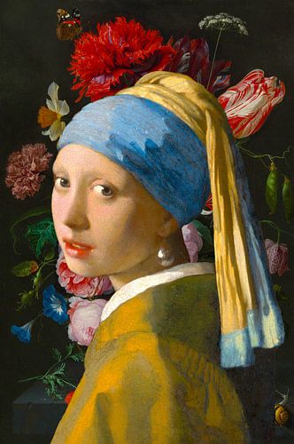 la fille à la boucle d'oreille en perles et Nature morte avec des fleurs dans un vase en verre