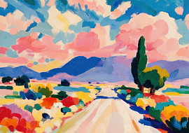Paysage coloré avec un sentier et des montagnes bleues baignées de soleil sur Niklas Maximilian
