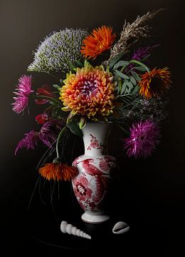 Colorful still life in Delft red vase by Inkhere Art