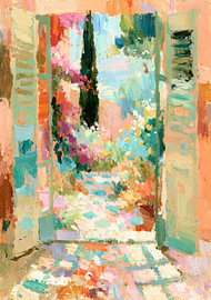 A view through open shutters into a Mediterranean garden by Niklas Maximilian