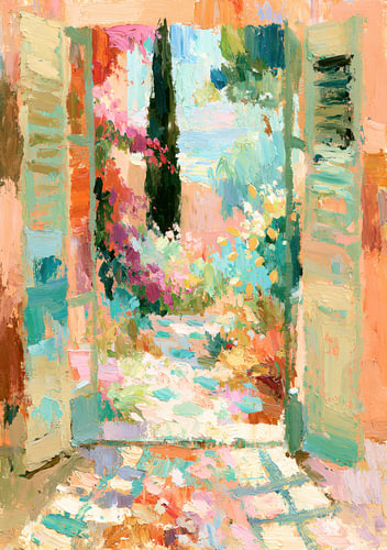 A view through open shutters into a Mediterranean garden