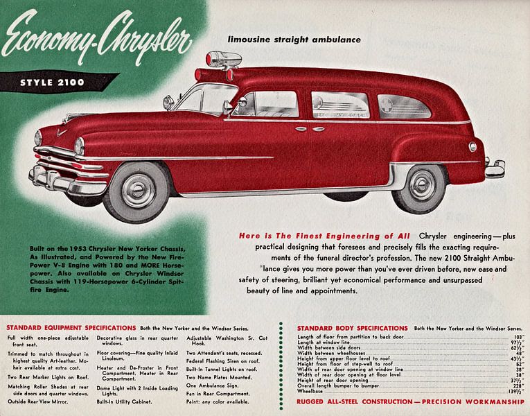 1953 Economy-Chrysler Limousine Straight Ambulance reclame advertentie van Atelier Liesjes