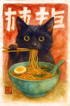Peinture d'un chat mangeant des nouilles. sur Johannes
