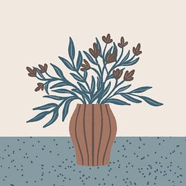 Brown Flowers in a Vase – Minimalist Floral Still Life by Angela Minca