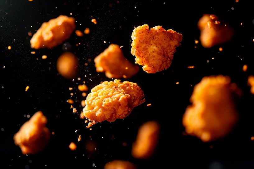 Knusprige Hühnerstücke in der Luft – Nahaufnahme von Poster Art Shop