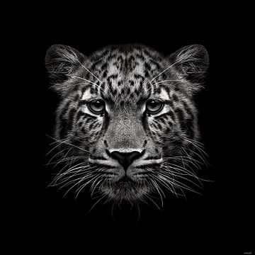 dramatic black and white portrait photo rendering of the head of a leopard / panther