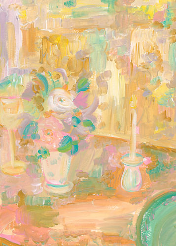 Impressionistisches Gemälde mit Blumen und einer Kerze